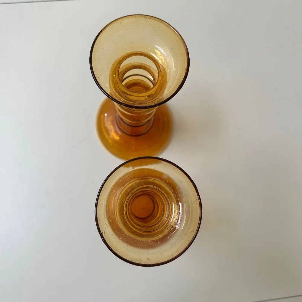 Two Amber Glass Candle Holders for Pillar Candles Handblown Vintage